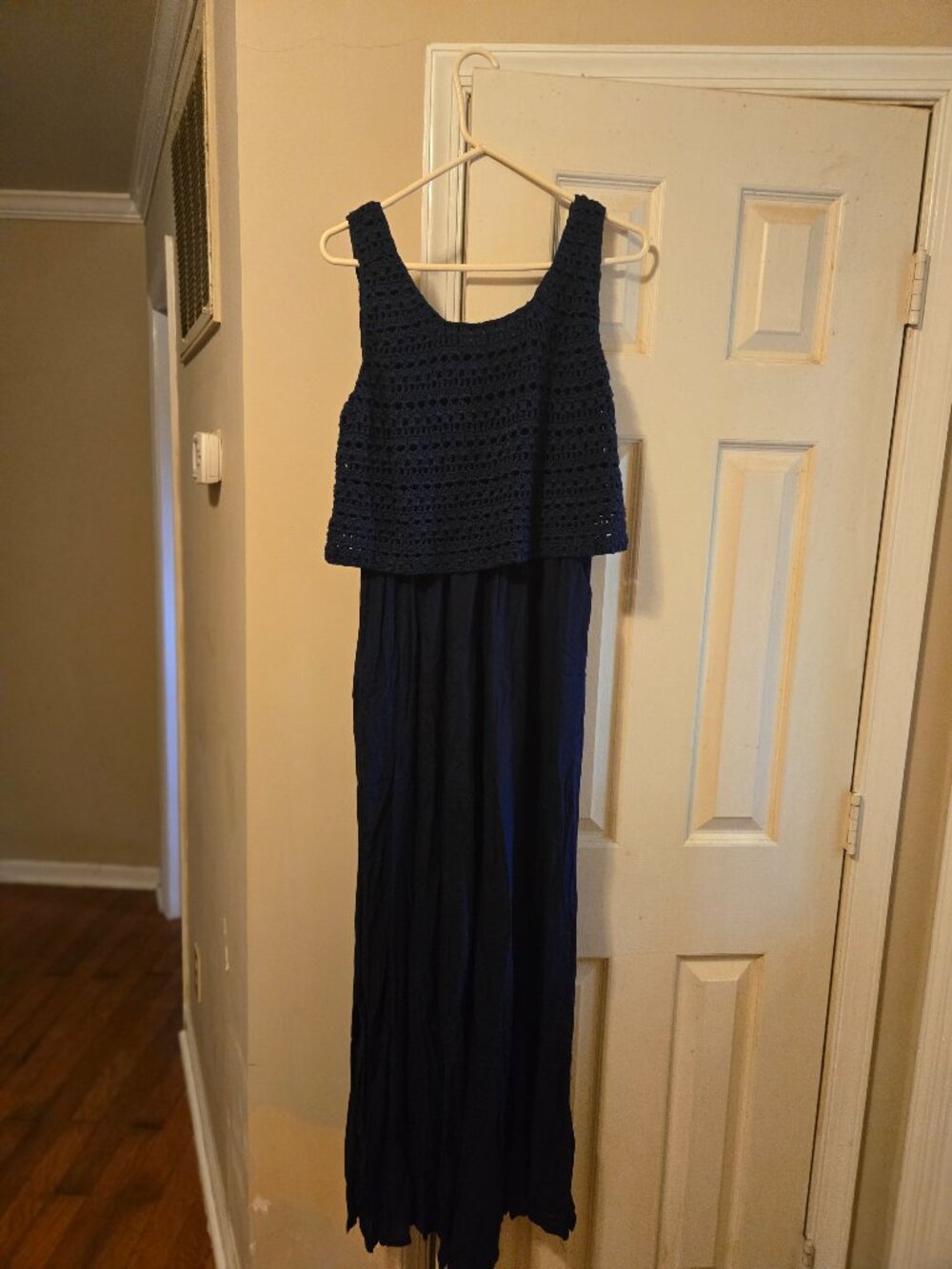 Wishlist L navy jumpsuit, partially lined, crocheted top